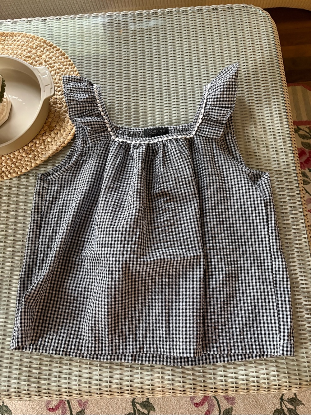 Rachel Zoe Black and White Gingham Ruffle-Strap Tank